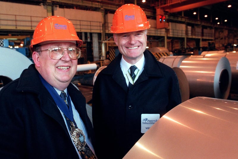 Pictured at Avesta's Steel Works, Meadowhall, Sheffield, where the Lord Mayor of London Sir Rodger Cork is seen with the Master Cutler  Mr Richard Field, during their visit to the company in 1997