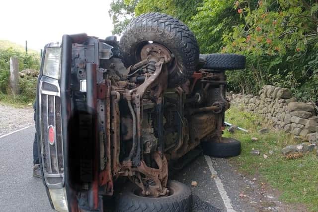 The driver, who was not wearing a seat belt, escaped from the overturned car without serious injury (Picture: Bakewell, Hathersage and White Peak Villages Police SNT)
