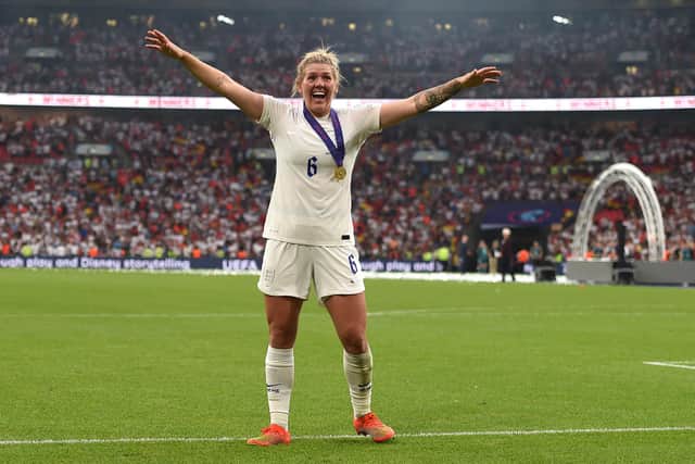 Millie Bright of England celebrates after the final whistle of the UEFA Women's Euro 2022 final match between England and Germany at Wembley. Photo: Getty.