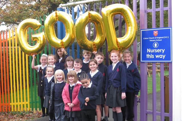 Pupils at Calow Church of England (V.C.) Primary School celebrate their OFSTED success