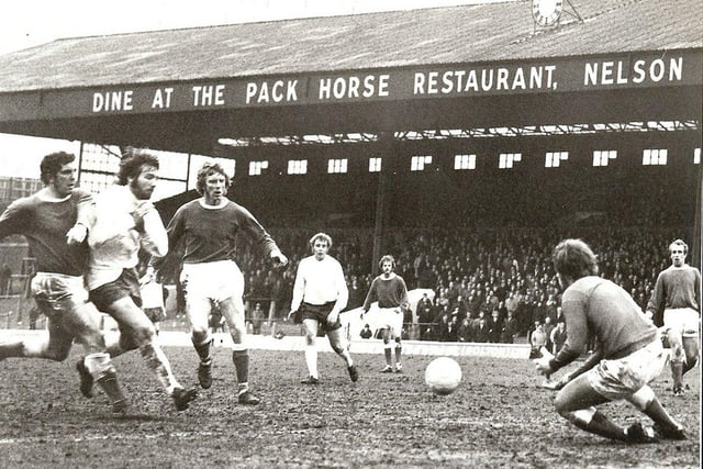Action from Chesterfield's visit to Burnden Park on March 4th, 1972. Ron Tilsed collects a through ball intended for the bearded Roy Greaves. Keith Stott, Charlie Bell, Dave Pugh and Albert Holmes are the other Chesterfield players.