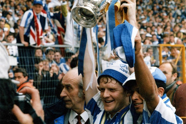 Sheffield Wednesday players Paul King and Paul Williams hold aloft the Rumbelows League Cup, Wembley Stadium, 1991
