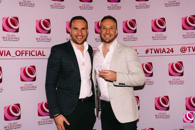 Mark, left and Steve Barnes celebrate their business Stretton Manor Barn winning Best Barn Wedding Venue in the East MIdlands at The Wedding Industry Awards,