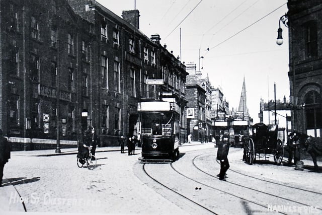 Chesterfield High Street in the early 1900s. The Post Office, on the left on the picture. is now how to Sorbo Lounge.