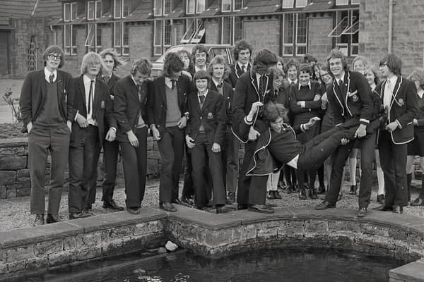 A celebrating sports team at Lady Manners School in 1974