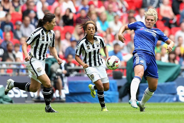 Millie Bright of Chelsea passes the ball during the Women's FA Cup Final match between Chelsea Ladies FC and Notts County Ladies at Wembley Stadium in 2015.