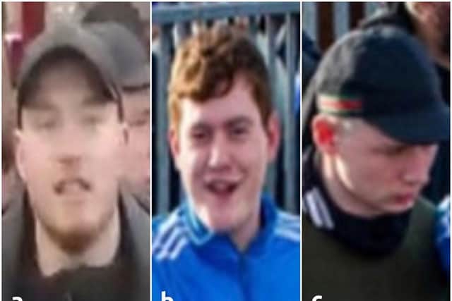 Derbyshire police want to speak to these men after a firework was allegedly thrown on to a football pitch.