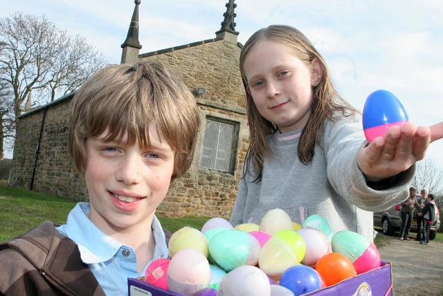 Josh Moore, 10, and Helena Baldauf-Good, 9, at Easter egg hunt at Eyre Chapel, Newbold.