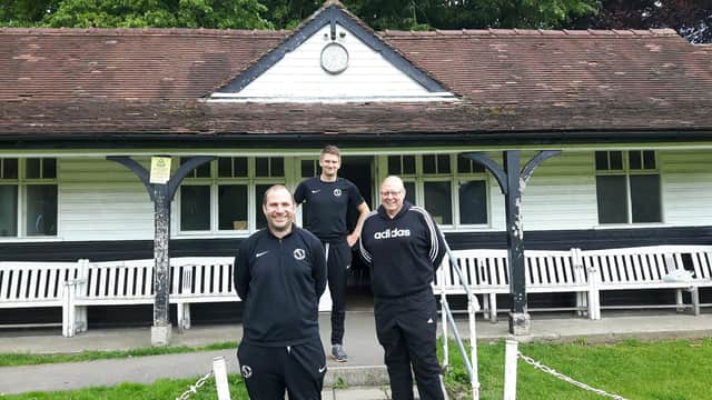 Junior chairperson Dave Cottrell, right , first team boss Ross Davies, left, and development team manager Nick Rosling are ready to take the club forward.