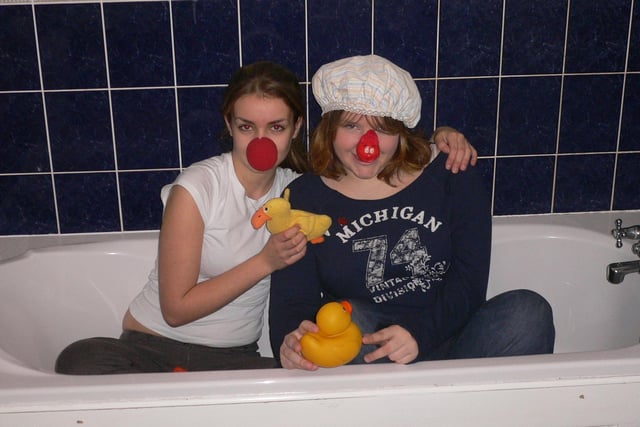 Layla Allen and Kate Lonsdale, of Lady Manners School, Bakewell, drum up support for their fundraiser in 2007 - bathing in tomatoes in Chesterfield town centre!