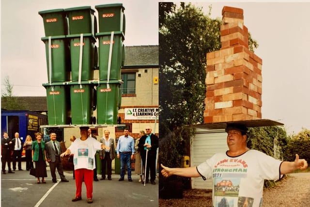 Here John balances 101 house bricks (nearly 30st) while on the BBC National Lottery and a stack of wheelie bins