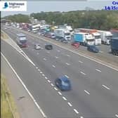 Two lanes are closed and traffic is queueing on the M1 in Derbyshire due to a broken down vehicle (picture: National Highways)