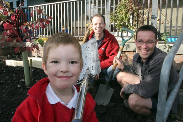 Making a new garden at Highfield Hall nursery Daniel Battley left helping his Dad Andy middle & Uncle Simon right in 2009