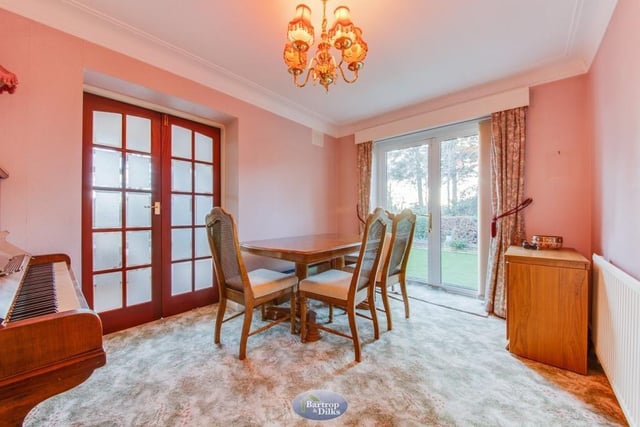 Next stop at the £430,000-plus bungalow is the dining room, which features a French door leading out to the back garden.