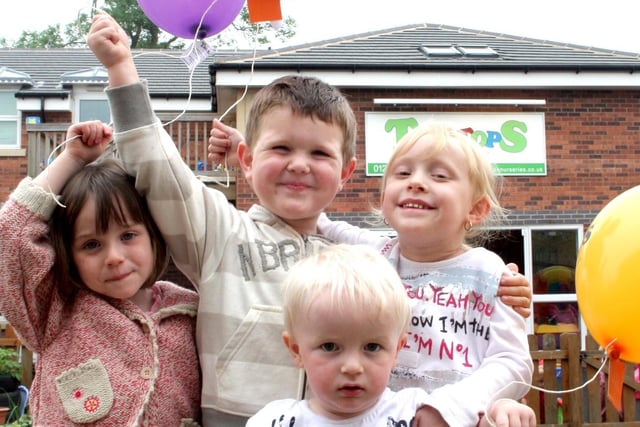 Amelia Cox, Joe Swain, Lacey Wright and Joel Mann take part in Treetops Nursery's balloon release in aid of Bolsover Church Youth Club.