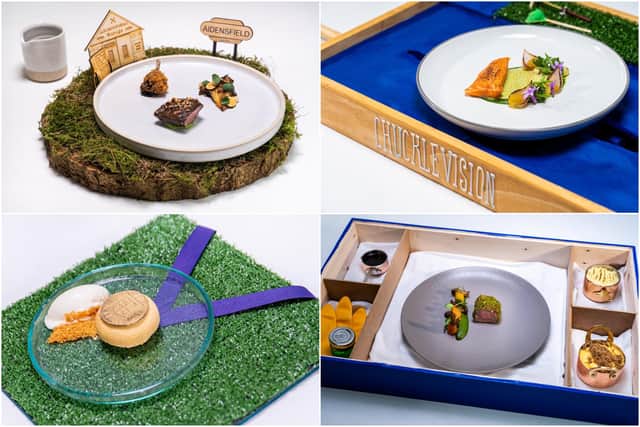 Mark's starter, fish, main and dessert courses, from top left, which he prepared for celebrity judges at the regional final.