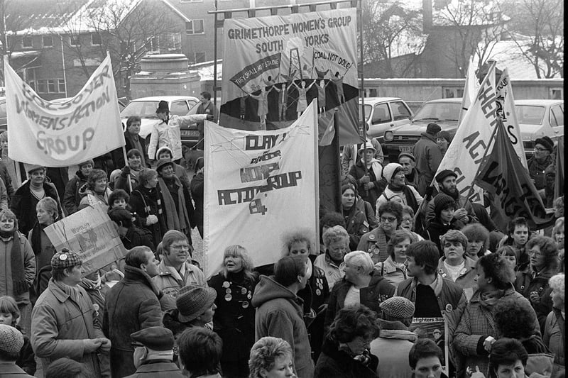 Miners Wives Action March arrives at Chesterfield Town Hall in 1985.