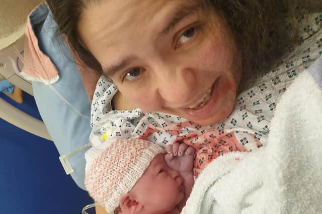 Maria pictured shortly after giving birth to baby Isabella