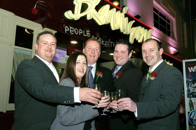 Re-opening of Brannigans, 2005. The management team Chris Berry (deputy manager), Julie Hopkins (deputy manager), Rod Pearson (general manager), Guy Gillespie (assistant manager) and Darren Lea (operations executive-Herald Inns and Bars).