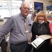 Retiring Two Dales postmaster Brian Gadsby and wife Margaret with Post Office area manager Rachel Bailey, centre.