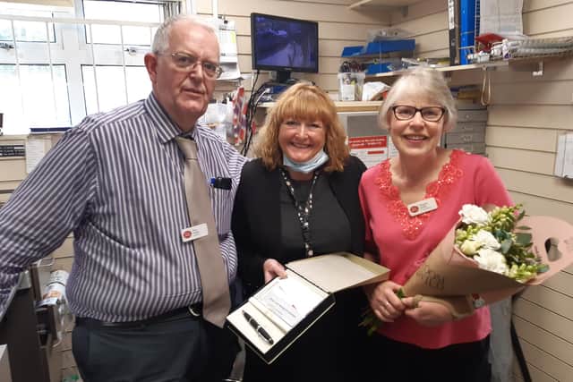 Retiring Two Dales postmaster Brian Gadsby and wife Margaret with Post Office area manager Rachel Bailey, centre.