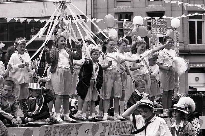 Sheffield Lord Mayor's Parade, June 2, 1990 - this float has a Maypole and a Disco Queen