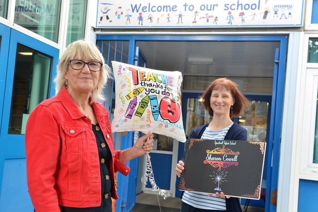 Teacher Sharon Cowell retires from Staveley Speedwell Infant School after 33 years, with headteacherJane Moore helping with her send-off.