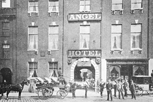 One of the oldest inns in Chesterfield, the Angel is seen here in 1902. The hotel closed in 1915 and destroyed by fire in 1917 before the ruins were demolished in 1926 to make way for the old Post Office (now Sorbo Lounge bar) and Westminster Bank.