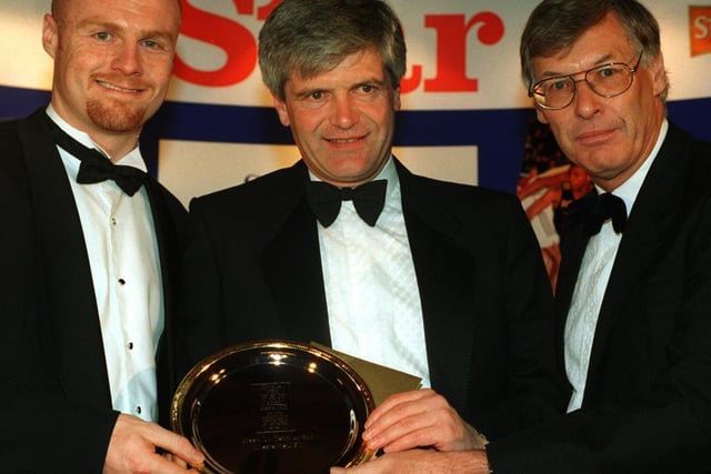 Chesterfield won the Sheffield Star Green-Un Team Award in 1997. Here John Helm presents the trophy to captain Sean Dyche and manager John Duncan.