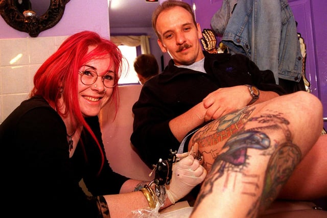 Pictured at  Feline Tattooing, Hickmott Road, Sheffield, where artist Beth Smith is seen tattooing Paddy in 1998