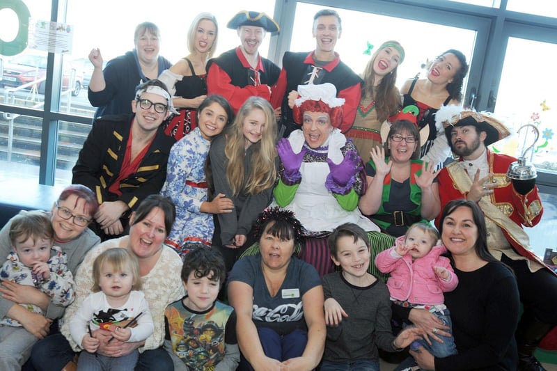 The cast from Peter Pan pictured with staff, parents and children who attended The Den at Chesterfield's Royal Hospital.