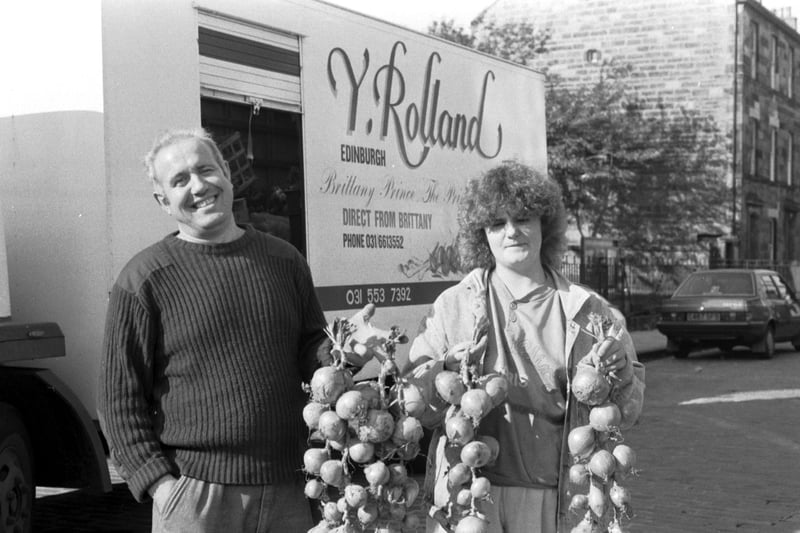 Leith 'Onion Johnny' Yves Rolland had swapped his bicycle for a van by October 1988. Picture shows the Frenchman with a customer.