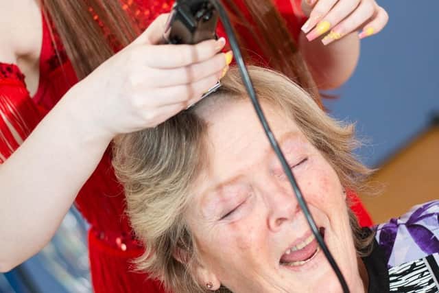 Sharon Matthews, 62, from Chesterfield, who won a title during Miss United Kingdom Endeavour finals last autumn, had her hair shaved last weekend in a bid to raise funds to help others. Caitlyn Morrison, who Sharon met during the Endeavour Pagent, shaved the first bit of her hair.