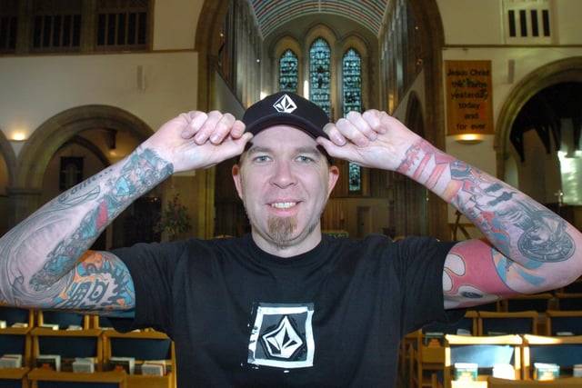 Pictured at All Saints Church, Ringinglow Road, Sheffield, where vicar Rev Andy Rushworth is seen showing  his tattoos in 2005
