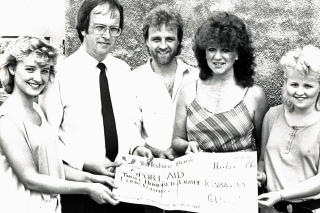 Codnor fun run presentation of cheque to Sport Aid, 1986.