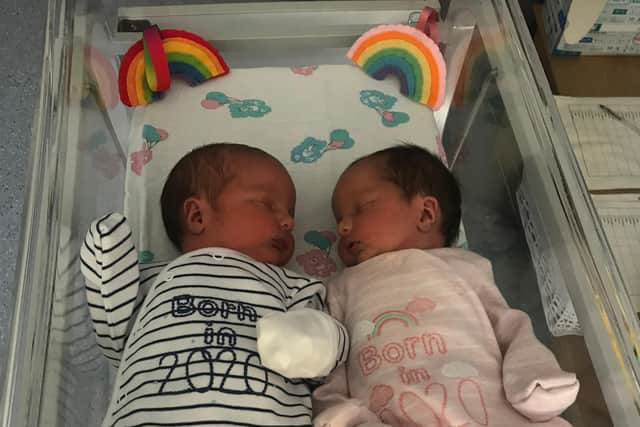 Harry and Poppy were born three minutes apart at 36 weeks, weighing 6lb 15oz and 7lbs 14oz.