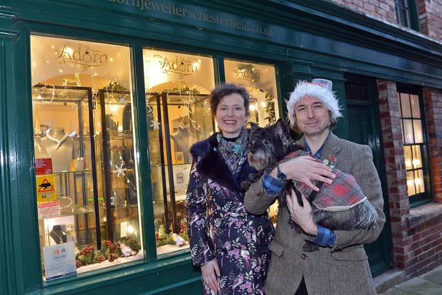 Adorn Jewellers, on Middle Shambles, Chesterfield, prepares to reopen. Pictured are Laura Jo and Adam Owen with Gandalf.