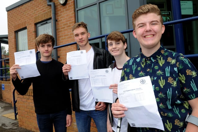 St Mary's Catholic High School students celebrate their GCSE results. (l-r) Brendan Connolly achieved 10 A*'s, an A and a B, Peter Zon achieved 2 A*'s, 6 A's and 3 B's, Jack Barnes achieved 3 A*'s 7 A's and a B and Harrison Crawford achieved achevied a Distinction, 7 B's and a C. Picture: Andrew Roe
