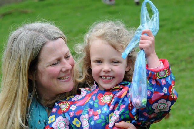 Carly Needham with her daughter Annabel, 4, from Chesterfield, show off the rewards of their Easter egg hunt at Chatsworth House on Good Friday.