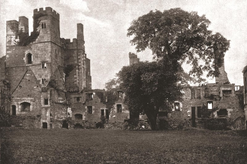 Wingfield Manor, near Alfreton, 1894. The manor, now ruined, was built by Ralph Cromwell, Lord Treasurer to Henry VI, in about 1435-1440. Originally the house consisted of two large courts; the outer (or southern) made up of barns, stables, guard-houses and other lowlier buildings; the inner (or northern), of the hall, kitchen, and the chambers occupied by the family. Under Henry VIII the manor was in the possession of the Earl of Shrewsbury and Mary, Queen of Scots was imprisoned here for nine years during the reign of Elizabeth I. Wingfield continued to be the residence of the Shrewsburys until the death of Earl Gilbert in 1616. After this, the property was sold to Mr Imanuel Halton. In 1817, it was still in the possession of one of the Halton family, but not then inhabited. The last of the family who resided here wished to build himself a house at the foot of the high hill upon which the mansion stands and pulled down and unroofed part of the old house to construct Wingfield Hall. This left Wingfield Manor open to the elements and it quickly fell to ruins. From Beautiful Britain; views of our stately homes. [The Werner Company of Chicago, 1894]. Artist Unknown. (Photo by The Print Collector/Getty Images)