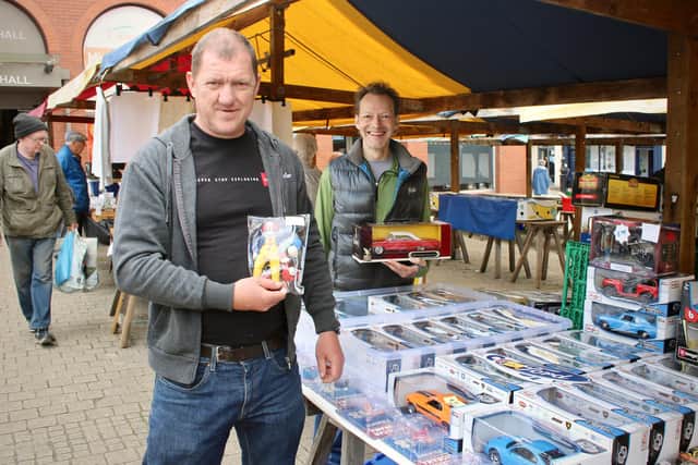 Andy and Adrian at a toy stall on Chesterfield market