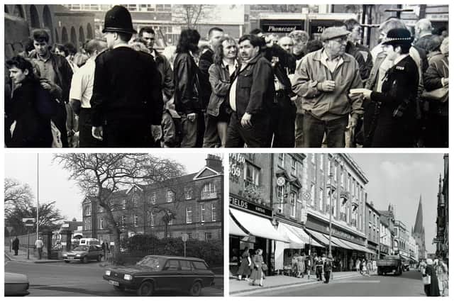 Crowds prevented from getting into the market square by the Littlewoods store fire in 1993, High Street shopping in the Fifties, Chesterfield Royal Hospital on Holywell Cross in the Eighties, pictured clockwise from top.