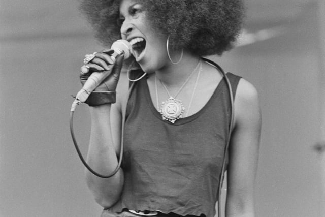 American actress, singer and model Marsha Hunt performing at Isle of Wight Festival held on 29–31 August 1969, UK. (Photo by Daily Express/Hulton Archive/Getty Images)