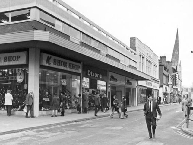 K Shoe Shop, Dixons and Etam are all seen here on Burlington Street in 1978