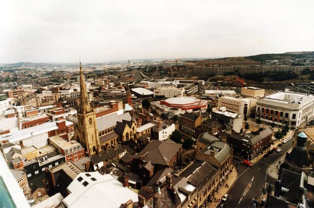 A view over Sheffield city centre taken from the top of the Town Hall in 1995
