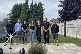 Malc Sharp, Jewson tool hire manager; Billy Furniss, Jewson Chesterfield branch manager; Ryan Clark, CMD Build team manager; Anna Tesdale;  Aimee Ball, CMD Build director; Chris Maloney, CMD Build managing director; Tommy Leighton, CMD Build head landscaper, are pictured left to right.