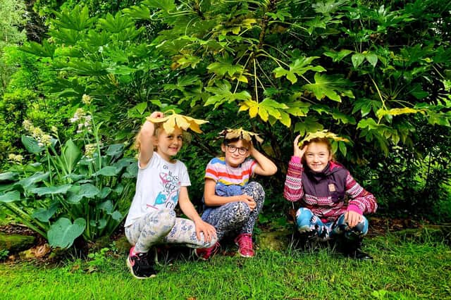 Outdoor fun in the gardens of Wentworth Woodhouse...  Lto R - Phoebe Brown, Evie Cooper, Freya Brown