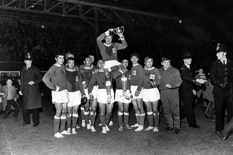 Chesterfield FC pictured in 1970 with the Division 4 Trophy. 
Chesterfield won Division 4 on two occasions, -1970 and 1985.