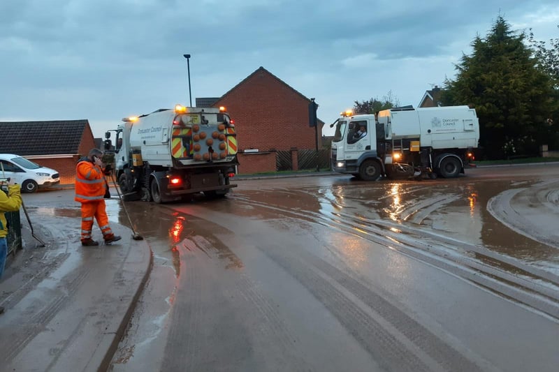 Picture shows the big clear up after flash flooding in Adwick last night