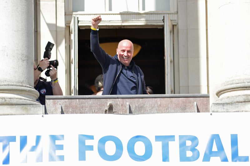 Chesterfield FC open top bus  and celebrations at Chesterfield town hall. Manager Paul Cook